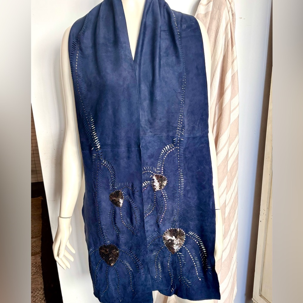 Elegant Navy Blue Suede Oversized Scarf/Stole with Gunmetal Sequins